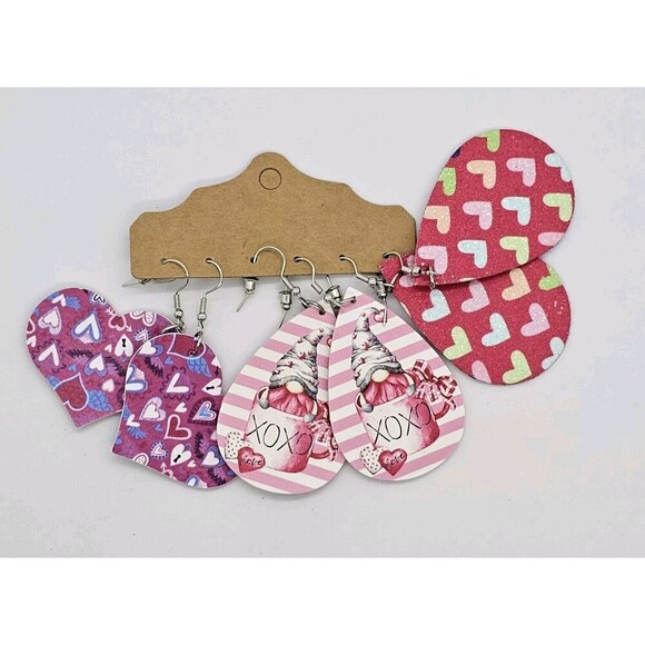 3 Womens Light Weight Faux Leather Dangle Earrings Design Both Sided Heart Gnome - Picture 1 of 4